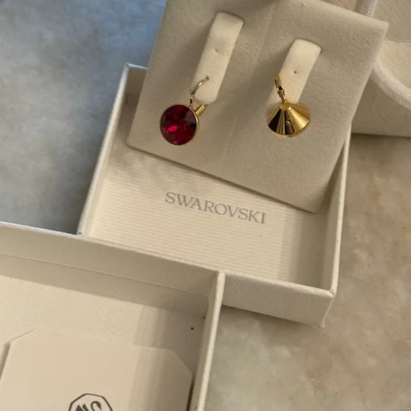 SWAROVSKI Gold Bella Drop Earrings with Deep Red Crystal NIB - Picture 3 of 6